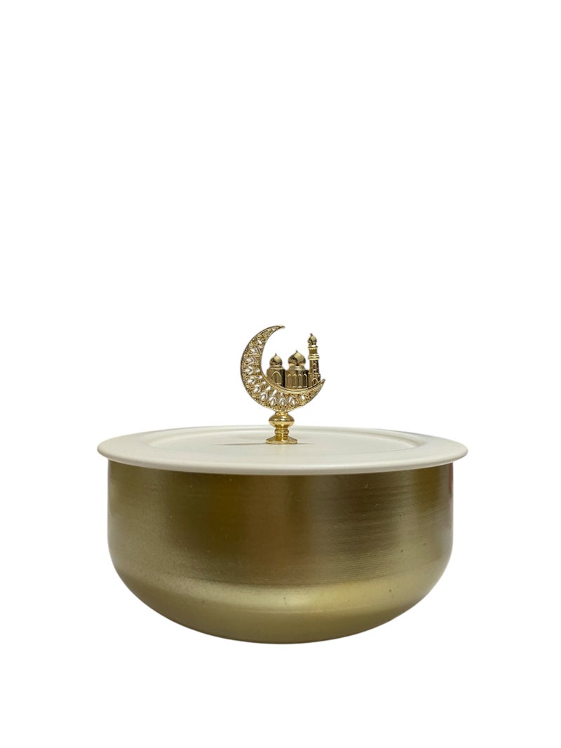 وعاء تمر رمضان الذهبي الفاخر مع غطاء هلال القمر – وعاء إسلامي معدني أنيق باللون الأبيض الكريمي و الذهبي - Image 2